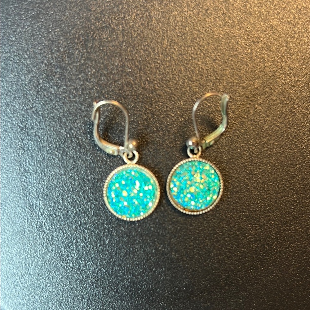 Cabochon Round Costume Bluish-Greenish Dangle Pierced Earrings - Picture 4 of 8